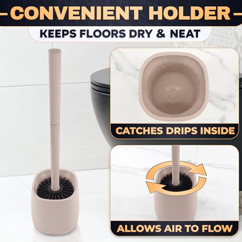 Silicone Toilet Brush and Holder Set - Cream RV Toilet Brush with Holder, Flexible Head, Soft Bristles, Detachable Handle and Freestanding Base, Compact Bathroom Cleaning Tool with Minimalistic Design - color: Cream