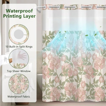 Pink Floral No Hook Shower Curtain and Liner Set, Double-Layer Waterproof Shower Curtains for Bathroom, Washable Shower Curtain with Snap in Liner, Weighted Bottom and Mesh Top Window, 71x74 Inches - color: Pink Flowers