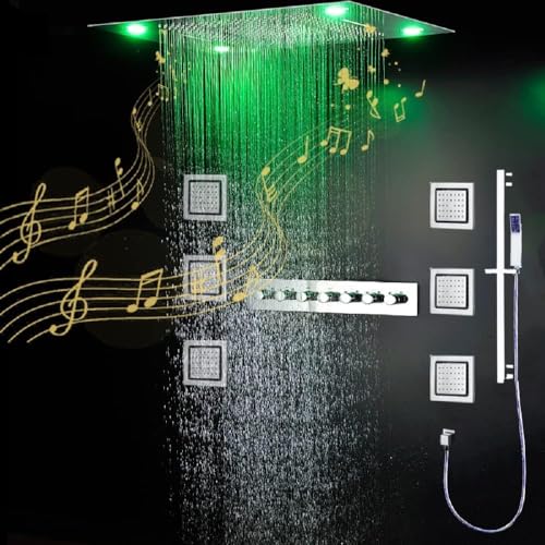 Cascada Luxurious 23"x31" LED Shower System with 6 Functions (Rainfall, Waterfall, Curtain, Misty, Body Jets & Handheld), Built-in Bluetooth Speakers & Shower Sliding Bar (Brushed Nickel) - color: Brushed Nickel