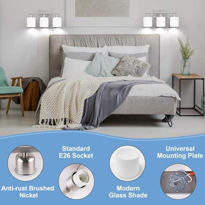 18 Inches Bathroom Light Fixtures Over Mirror Brushed Nickel | Anti-Rust 3-Light Vanity Lights Over Mirror, E26 Standard Socket, Milky White Glass Shades, Bulbs Not Included - color: Brushed Nickel-3 Light