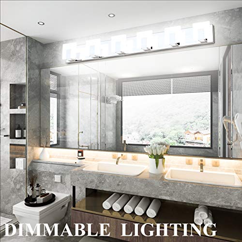 Aipsun 6 Lights Dimmable Modern LED Bathroom Vanity Light Acrylic Stainless Steel Chrome Up and Down Bathroom Wall Light Over Mirror(White Light 6000K) - size: 6 Lights
