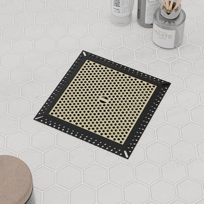 Not Moving Square Shower Drain Hair Catcher, Drain Cover, 6 inch | 304 Stainless Steel and TPE Material/ Efficient Drainage / Easy Clean / Anti-Clogging / Fits Bathroom Hair Catcher for Shower - color: Matte Black & Brushed Gold, size: 6 inch