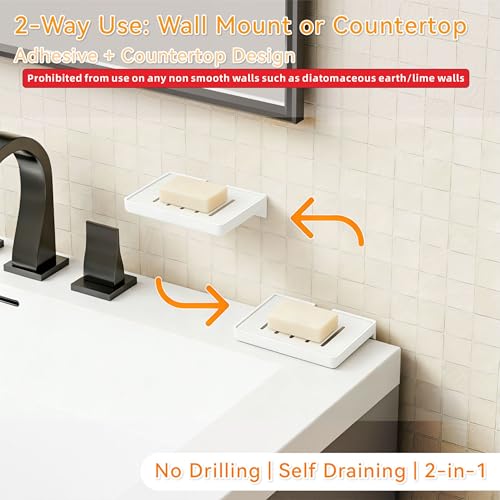 SUOXING 2 Pack Bar Soap Holder for Shower Wall,Self Draining Adhesive Soap Holder,Rustproof Wall Mounted Acrylic Shower Soap Rack & Caddy for Bathroom,Bath,Kitchen,No Drilling PlasticSoap Shelf,White - color: White