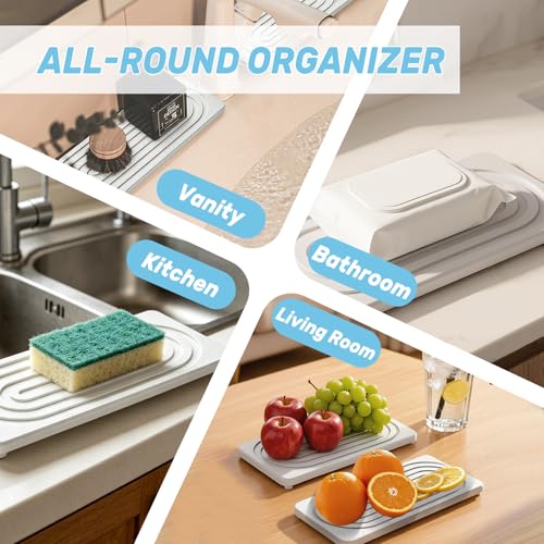 2 PCS Water Absorbing Stone Tray, Quick Drying Diatomite Sink Tray, Non-Slip Drying Mat for Bathroom Vanity & Kitchen Counter, Soap Dispenser Sponge Holder Organizer, White 8.3x4 Inch (White) - color: White