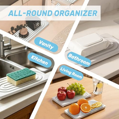 2 PCS Water Absorbing Stone Tray, Quick Drying Diatomite Sink Tray, Non-Slip Drying Mat for Bathroom Vanity & Kitchen Counter, Soap Dispenser Sponge Holder Organizer, White 8.3x4 Inch (White) - color: White