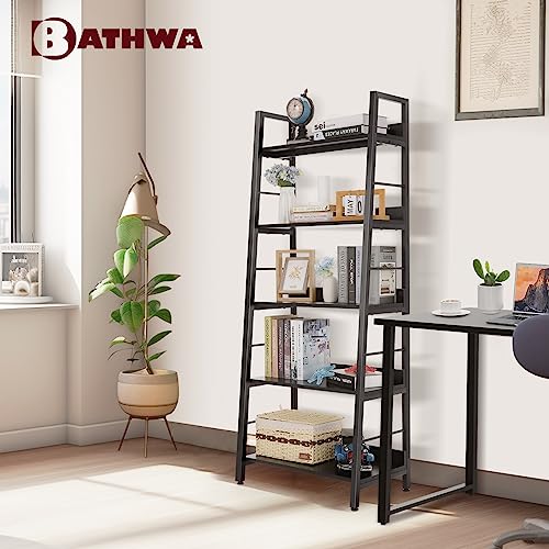 BATHWA 5 Tier Book Shelf, Black Industrial Open Wood and Metal Ladder Bookshelf, 59''H 24''W Wooden Ladder Shelf for Small Places, Living Room, Bedroom - color: Black, size: 1pack-59"H x 23.6"L x 13.8"D