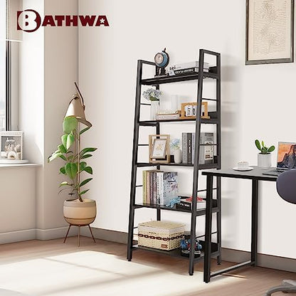 BATHWA 5 Tier Book Shelf, Black Industrial Open Wood and Metal Ladder Bookshelf, 59''H 24''W Wooden Ladder Shelf for Small Places, Living Room, Bedroom - color: Black, size: 1pack-59"H x 23.6"L x 13.8"D