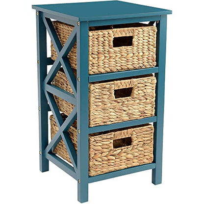 3 Tier X-Side Storage Drawer, Teal | 3 Wicker Baskets, End Table, Side Table - color: Teal, size: 14"D x 14"W x 25"H (3 Drawers)