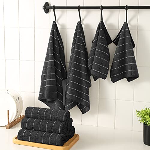 Puomue Microfiber Kitchen Towels and Dishcloths Set, 26 X 18 Inch and 12 X 12 Inch, Set of 12 Bulk Lint Free Dish Towels for Drying Dishes, Black - color: Black