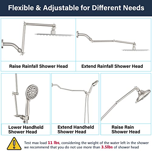 PDPBath Shower Extension Arm, 16" Upgrade Solid Brass Shower Head Shower Head Extender, Adjustable Height Extended with G1/2 Universal Connection for Rain & Handheld Shower Head Brushed Nickel - color: Brushed Nickel, style: 8 Inch + 8 Inch