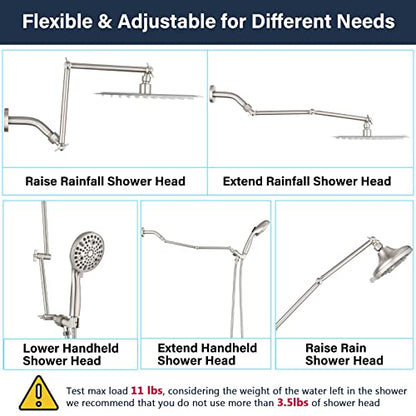 PDPBath Shower Extension Arm, 16" Upgrade Solid Brass Shower Head Shower Head Extender, Adjustable Height Extended with G1/2 Universal Connection for Rain & Handheld Shower Head Brushed Nickel - color: Brushed Nickel, style: 8 Inch + 8 Inch