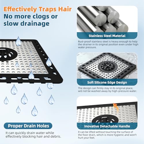 Hibbent Upgraded Shower Drain Hair Catcher, Shower Cover for Bathroom Floor 6" Drain, Anti-Clogging Bathtub Strainer, Stainless Steel Kitchen Sink Strainer with Handle, Black - color: 6' Black