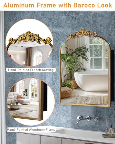 24x30 Inch Bathroom Medicine Cabinet Surface Mounted, Medicine Cabinet with Arched Mirror, Hand-Painted Bronze Aluminum Frame, Baroque Flower Decor, Black Metal Cabinet, 2 Stable & Removable Shelves - size: Frame:24"x30" (Surface Mount Only)