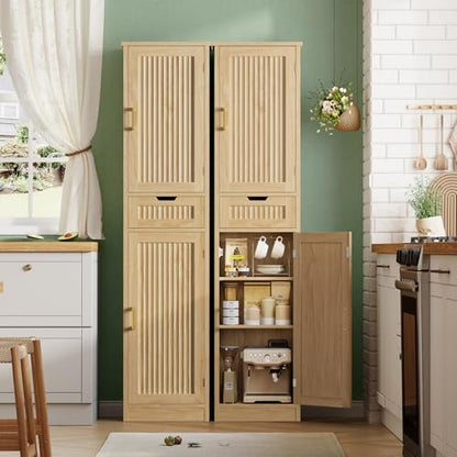 Iwell Tall Narrow Storage Cabinet with 1 Drawer and 2 Doors, Fluted Cabinet with Adjustable Shelves, Rattan Kitchen Cabinet for Bathroom, Living Room, Kitchen, Natural Oak - color: Fluted Natural