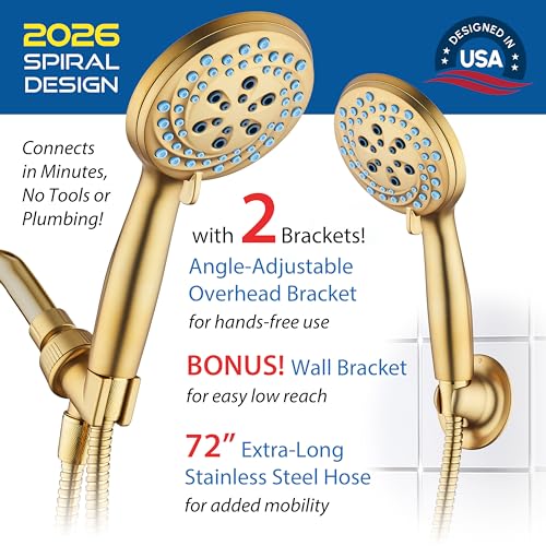 AquaCare New 8-mode High Pressure Handheld Shower Head w/ 2-way Power Wash | Stay Clean Nozzles, Dual Power Wash for Tub, Tile & Pets, Long 6 ft. Stainless Steel Hose, Wall & Overhead Brackets / Gold - color: Gold