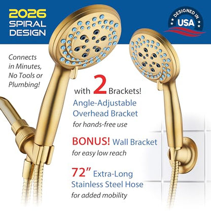 AquaCare New 8-mode High Pressure Handheld Shower Head w/ 2-way Power Wash | Stay Clean Nozzles, Dual Power Wash for Tub, Tile & Pets, Long 6 ft. Stainless Steel Hose, Wall & Overhead Brackets / Gold - color: Gold