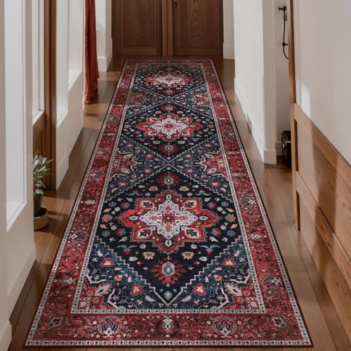 Ciicool Washable Long 10ft Runners for Hallways, 2'6''x10' Kitchen Runner Rug, Entryway Indoor Throw Rug, Non Slip Rubber Backing Boho Vintage Floor Decor,Oriental Carpet for Bedside - color: Dark Blue/Red, size: 2'6" X 10' (Runner)