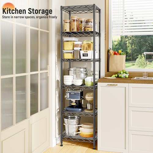 DurayLoly 15.8" W 6-Tier Narrow Wire Shelving, Adjustable Shelves, Kitchen | Slim 63"Hx11.8"D, 211lbs capacity, Leveling feet+anti-tip, Rustproof, Tool-free assembly, For kitchen, bath, laundry, pantry - size: 15.8"W x 11.8"D x 63"H