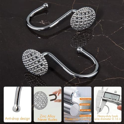 Pearlbee Chrome Shower Curtain Hooks, Round Beaded Design 12Pcs Zinc Alloy | Rustproof heavy duty, 4mm silver zinc alloy,Rrustproof, anti-drop, Smooth glide,Fits shower curtain & liner,Modern Decorative - color: Chrome