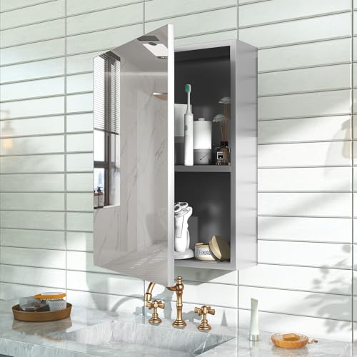 24 x 32 Silver Medicine Cabinet, Aluminum Mirror Medicine Cabinet for Bathroom, Pre-Assembled Recessed/Surface-Mounted Medicine Cabinet, Tempered Frameless Mirror - color: Silver, size: 24 x 32