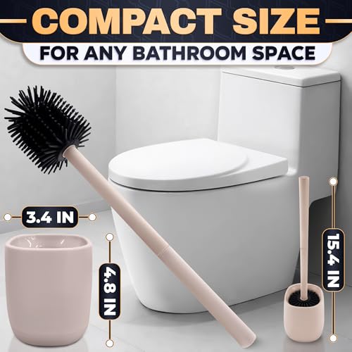 Silicone Toilet Brush and Holder Set - Cream RV Toilet Brush with Holder, Flexible Head, Soft Bristles, Detachable Handle and Freestanding Base, Compact Bathroom Cleaning Tool with Minimalistic Design - color: Cream