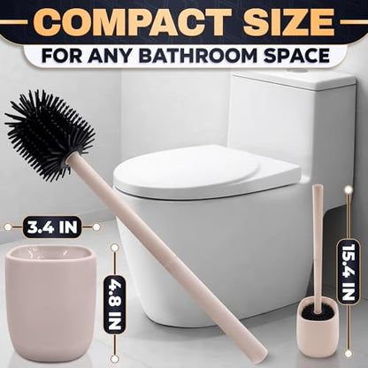 Silicone Toilet Brush and Holder Set - Cream RV Toilet Brush with Holder, Flexible Head, Soft Bristles, Detachable Handle and Freestanding Base, Compact Bathroom Cleaning Tool with Minimalistic Design - color: Cream