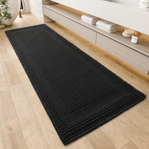 AMOAMI Waffle Bath-Mat, Absorbent Bath Mats for Bathroom Non Slip, Machine Washable Bathroom Rugs with Tassels Ultra Soft Boho Bath Rugs for Floor 2'x6'(24"x72") Black - color: Black, size: 24"x72"