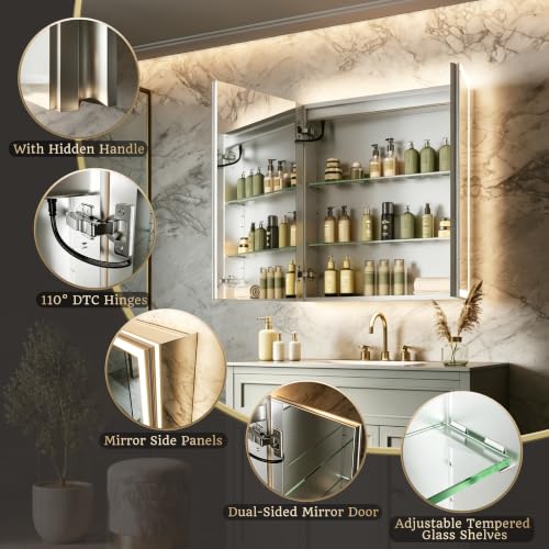 28x32 Lighted Medicine Cabinet, Separate Front & Back Lights | Surface/Recessed LED Medicine Cabinet for Bathroom with Side Mirrors, Dimmable Light, Anti-Fog, Memory,Silver Aluminum Frame - size: 28" x 32"
