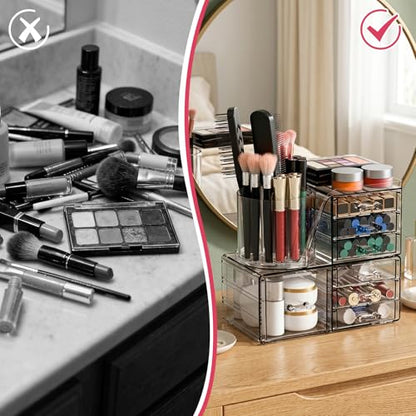ShineMe Make Up Organizers for Vanity, 2 Tier Acrylic Stackable Cosmetic Organizer with Rotating Makeup Brush Holder & 7 Drawers, Clear Hair Accessory Organizer Countertop for Dresser, Bathroom - size: 2tire, 7 drawers