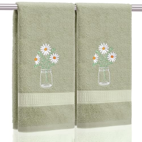 SmoothNovelty 2 Pcs Daisy Flower Hand Towels Gray Green Bathroom Decor 14x29 Inch Embroidered 100% Cotton Soft Absorbent Spring Summer Decorative Hand Towels for Bathroom Kitchen - style: Daisy