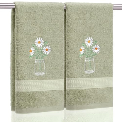 SmoothNovelty 2 Pcs Daisy Flower Hand Towels Gray Green Bathroom Decor 14x29 Inch Embroidered 100% Cotton Soft Absorbent Spring Summer Decorative Hand Towels for Bathroom Kitchen - style: Daisy