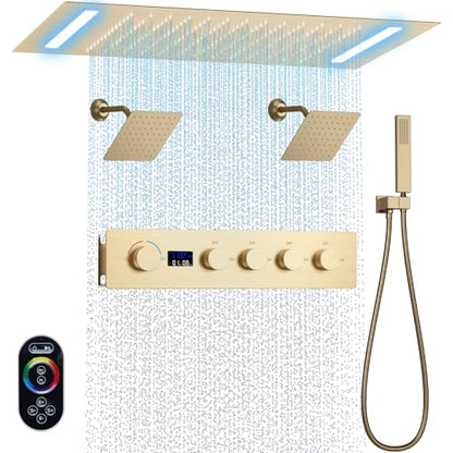 Shower Faucet Set Ceiling 20x14 inch LED Shower Head, Temperature Display Thermostatic Shower Valve, and Two 8-inch Wall Mounted Shower Heads Handheld Combination (Brushed Gold) - color: Brushed Gold