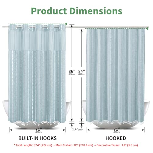 eachope No Hook Extra Long Shower Curtain Set with Snap-in Liner,Linen Textured Thick Striped Fabric with Tassels,Boho Chic Modern Farmhouse Bathroom Curtain,Water-Repellent,Fog Blue,71x86 | Linen Texture,230GSM Thick Fabric,Hotel Luxury Decor,Mesh Window