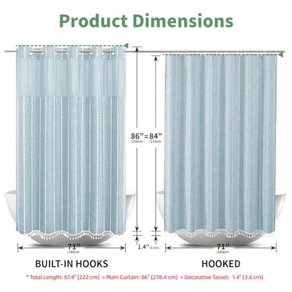 eachope No Hook Extra Long Shower Curtain Set with Snap-in Liner,Linen Textured Thick Striped Fabric with Tassels,Boho Chic Modern Farmhouse Bathroom Curtain,Water-Repellent,Fog Blue,71x86 | Linen Texture,230GSM Thick Fabric,Hotel Luxury Decor,Mesh Window