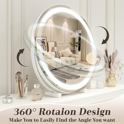 ROLOVE 18 Inch Makeup Mirror with Lights, Large Round Vanity Mirror for Tabletop Desk, Smart Touch Dimmable LED, 360° Rotation, White, Gifts for Women, Wife, Mom, Girls - size: 18"L x 18"W