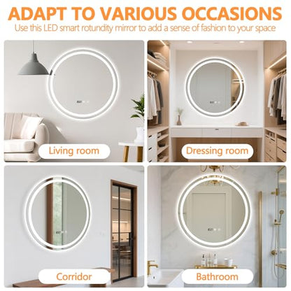 24" Round LED Bathroom Mirror with Anti-Fog & Touch Switch - 60x60cm Wall-Mounted Makeup Vanity Mirror, No Drilling Required, Smart Display Bathroom Mirror - size: 24"L x 24"W