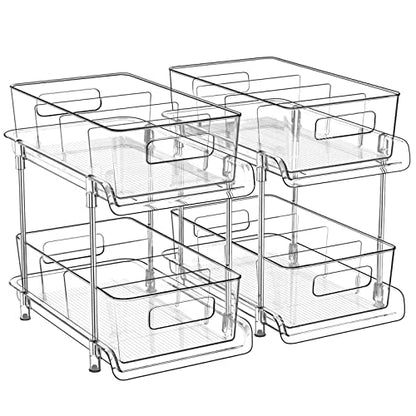 HIHEGD 2-Tier Bathroom Organizer with Dividers, Clear Under Sink and Pull-Out Cabinet Organizer for Kitchen and Pantry Storage