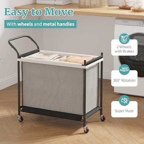 Laundry Hamper with Wheels - 2 Section Laundry Basket 140L, Removable Washable Bags, Height-Fitted Rolling Laundry Cart for Laundry Room & Bedroom - size: 140L(2-Section)