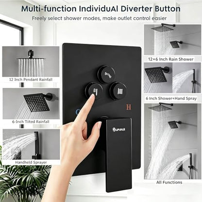 Dual Rainfall Shower Head System Matte Black, 3-Function Push Button Shower Faucet Set with 12" Wall Mount Rain shower head and 6" Wall Mount Shower Head, Pressure Balance Rough-in Valve - color: Matte Black, style: Wall Mount