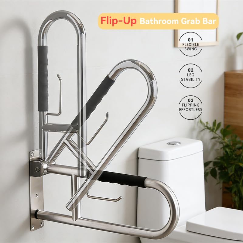 31.5 Inch Toilet Grab Bar, Brushed Nickel Flip-Up Bathroom Grab Bar with Paper Holder, Non-Slip Soft Silicone Grips Handicap Grab Bars, 304 Stainless Steel Handicap Grab Bars for Elderly, Disabled - color: Brushed Nickel