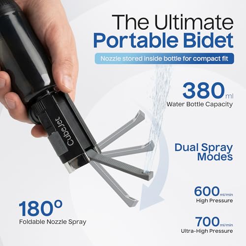 BIDET BUDDY® CubeJet Portable Bidet for Travel, 380mL Bottle Obsidian Drift | Rechargeable Battery 1100mAH, IPX6 Waterproof Wand-Style Nozzle, USB-C High-Pressure Hygiene Device for Camping & Home