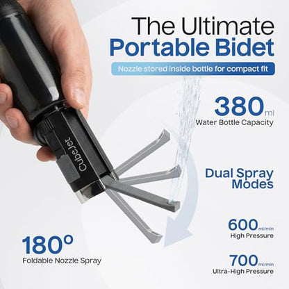 BIDET BUDDY® CubeJet Portable Bidet for Travel, 380mL Bottle Obsidian Drift | Rechargeable Battery 1100mAH, IPX6 Waterproof Wand-Style Nozzle, USB-C High-Pressure Hygiene Device for Camping & Home