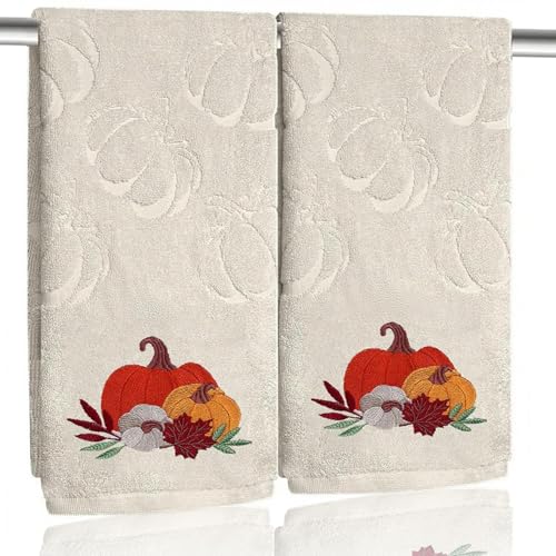 2 Pack Fall Hand Towel Jacquard Embroidered Cotton Kitchen Towels Farmhours Thankful Bath Towels Set Thanksgiving Bathroom Decor (Beige Pumpkin, 2*Hand Towel) - color: Beige Pumpkin