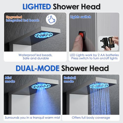 ROVOGO Shower Panel Tower System With Led Lights, 5 Shower Modes, Brushed | Rainfall Mist Shower Head, 3 Body Jets, Handheld and Tub Spout, Stainless Steel Shower Column With Mixing Valve, 46.5 Inch - style: Brusehd- With Led Lights