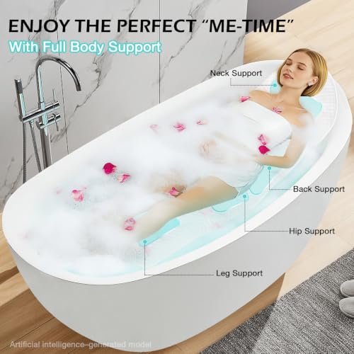Full Body Bath Pillow for Bathtub, Thick Soft Tub Cushion with Non-Slip Suction Cups Dual Hooks, Luxury Spa Pillow for Neck Back and Hip Support, 55" x 18" - color: White