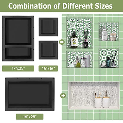 Suteck 25"x17" Shower Niche, 2-Tier Built-in Shelf Tile-Ready Storage Box | 14"x16.5" & 14"x6" Cubby | 100% Waterproof ABS | Over/Flush Mount, Vertical/Horizontal | Multi-Scene For Bathroom, Kitchen - size: 17"x25"