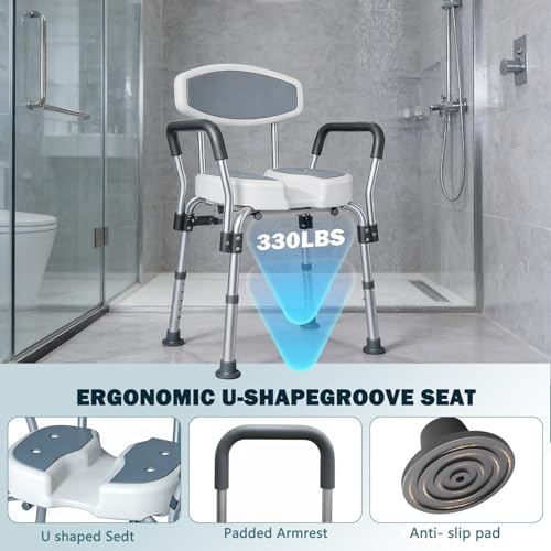 U-Shape Shower Chair for Inside Shower | 330LBS Weight Capacity, Padded Armrests & Backrest, Height Adjustable, Non-Slip, Tool-Free Assembly