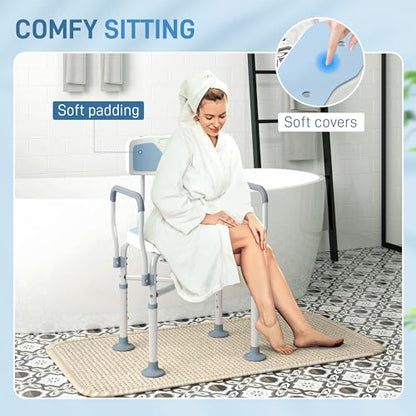 HOMCOM Padded Shower Chair with Arms and Back for Seniors, Light Blue | HDPE, Adjustable Height, Anti-slip, Tool-Free Assembly, Bath Seat, Shower Bench, for Disabled