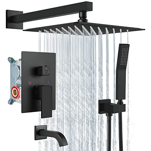 Aolemi Shower Faucet Set with Tub Filler Handheld 10" Head Matte Black | Shower Valve and Trim Kit,Handheld Spray,Tub Spout,Single Handle,SUS304,Bathroom Mixer for Remodeling - color: Black, size: 10 Inch Shower Head