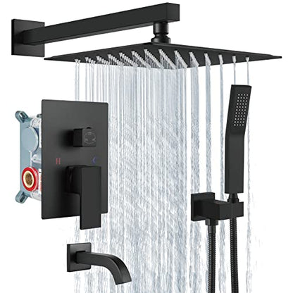 Aolemi Shower Faucet Set with Tub Filler Handheld 10" Head Matte Black | Shower Valve and Trim Kit,Handheld Spray,Tub Spout,Single Handle,SUS304,Bathroom Mixer for Remodeling - color: Black, size: 10 Inch Shower Head